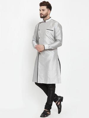 silver jacquard silk blend sherwani set - 17160897 - Standard Image - 2