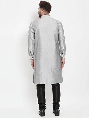 silver jacquard silk blend sherwani set - 17160897 - Standard Image - 3