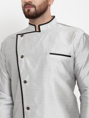 silver jacquard silk blend sherwani set - 17160897 - Standard Image - 4