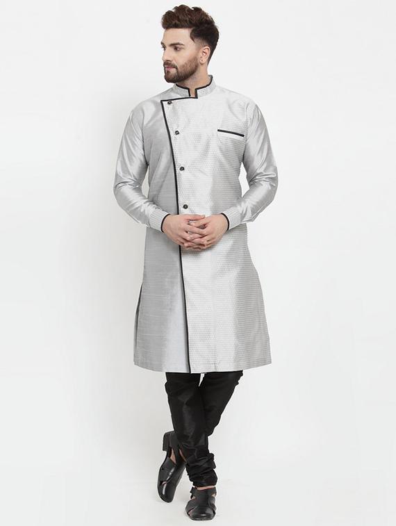 silver jacquard silk blend sherwani set - 17160897 - Zoom Image - 1