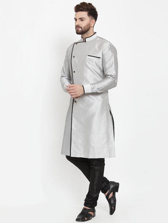 silver jacquard silk blend sherwani set - 17160897 - Zoom Image - 2