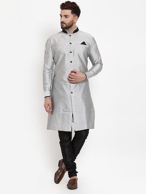 silver solid silk blend sherwani set - 17160901 - Standard Image - 1