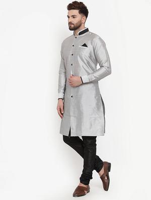 silver solid silk blend sherwani set - 17160901 - Standard Image - 2