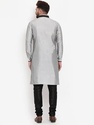silver solid silk blend sherwani set - 17160901 - Standard Image - 3