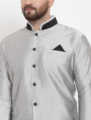 silver solid silk blend sherwani set - 17160901 - Standard Image - 4