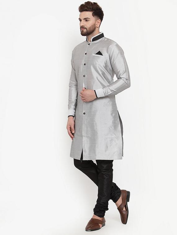 silver solid silk blend sherwani set - 17160901 - Zoom Image - 2
