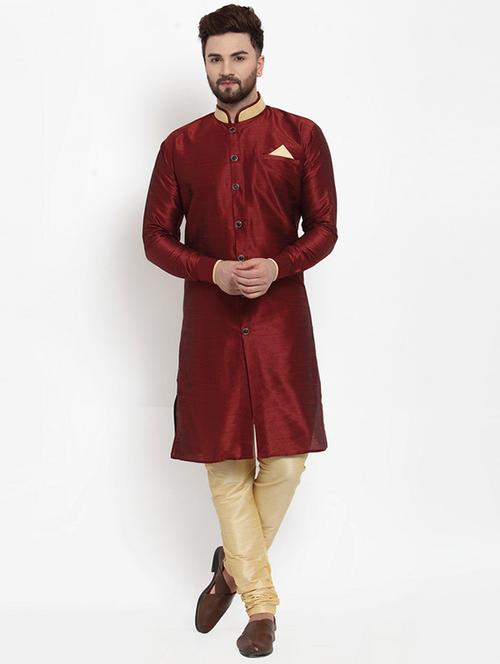 maroon solid silk blend sherwani set - 17160907 - Standard Image - 1