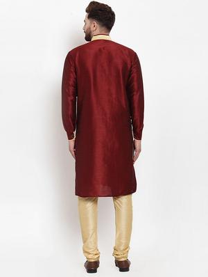 maroon solid silk blend sherwani set - 17160907 - Standard Image - 3