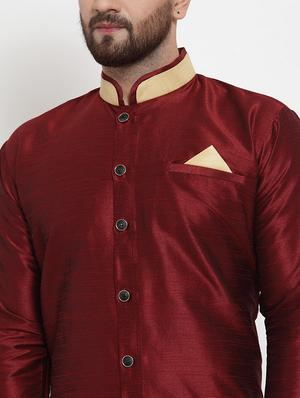 maroon solid silk blend sherwani set - 17160907 - Standard Image - 4