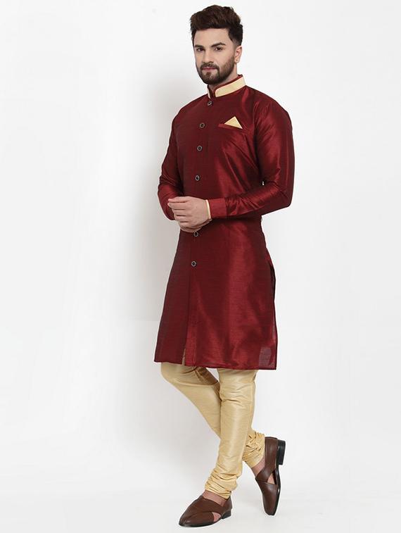 maroon solid silk blend sherwani set - 17160907 - Zoom Image - 2