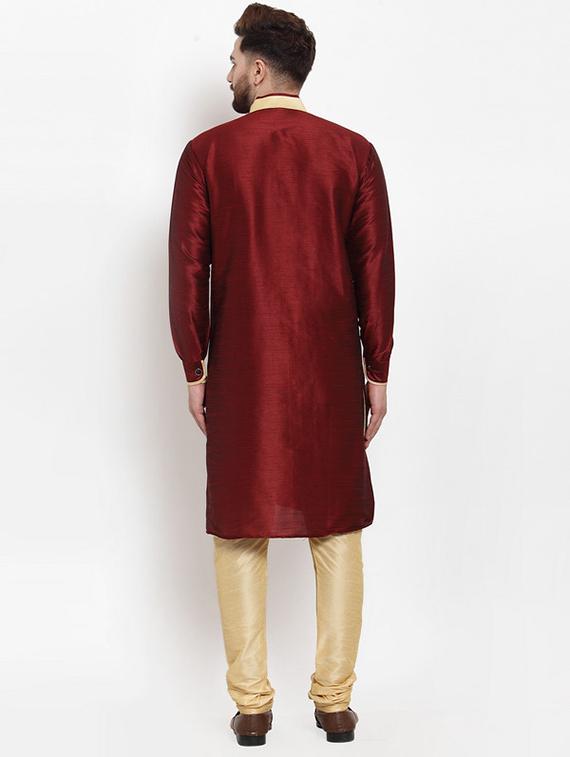 maroon solid silk blend sherwani set - 17160907 - Zoom Image - 3