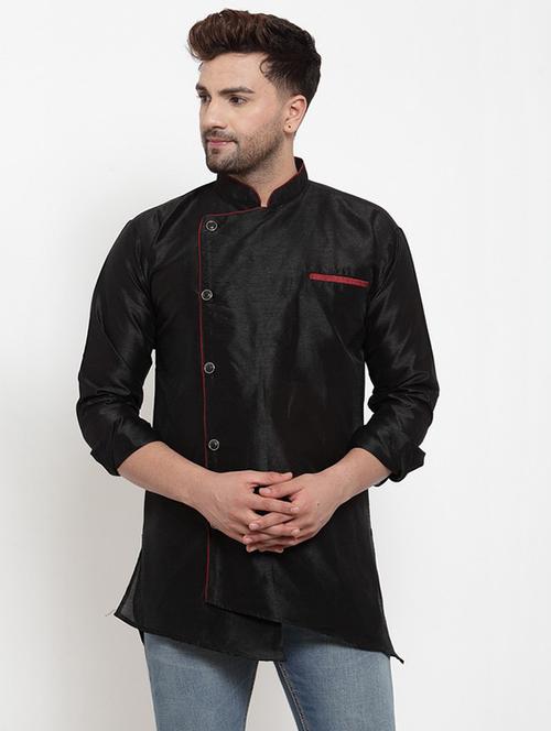 black solid silk blend asymmetric kurta - 17160953 - Standard Image - 1