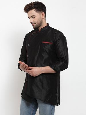black solid silk blend asymmetric kurta - 17160953 - Standard Image - 2