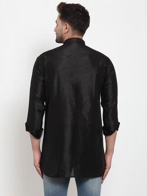 black solid silk blend asymmetric kurta - 17160953 - Standard Image - 3