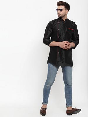black solid silk blend asymmetric kurta - 17160953 - Standard Image - 4