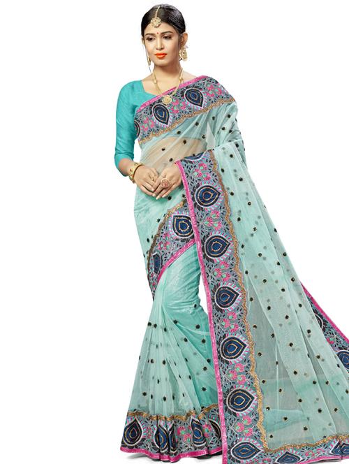 turquoise net embroidered saree with blouse - 17164323 - Standard Image - 1