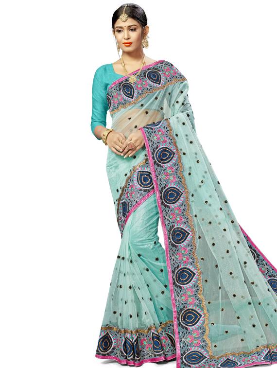 turquoise net embroidered saree with blouse - 17164323 - Zoom Image - 1