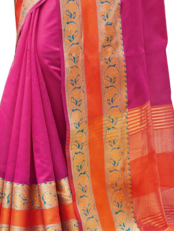 solid bordered handloom saree with blouse - 17164528 - Zoom Image - 2