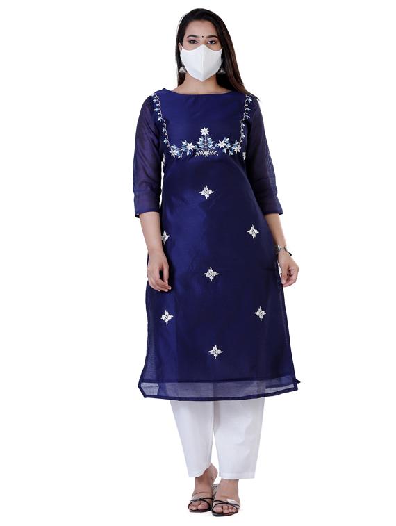 embroidered kurta pant set with free mask - 17167641 - Zoom Image - 1
