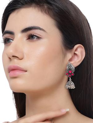 red tone silver plated jhumka earring - 17168424 - Standard Image - 3