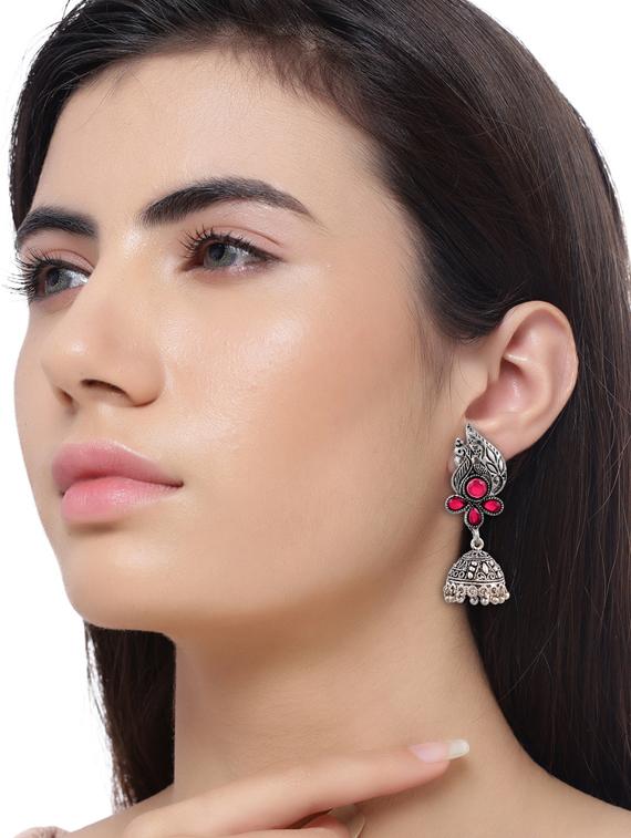 red tone silver plated jhumka earring - 17168424 - Zoom Image - 3