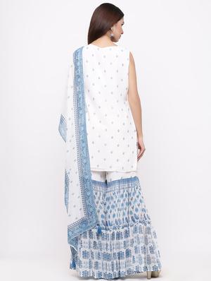 embroidered kurta with printed sharara & dupatta - 17169056 - Standard Image - 3