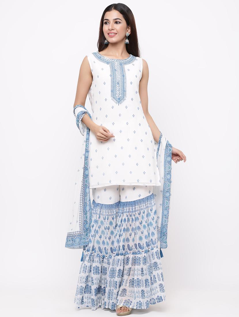 embroidered kurta with printed sharara & dupatta - 17169056 - Zoom Image - 2