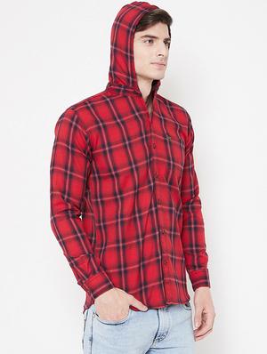 red checkered hooded casual shirt - 17171384 - Standard Image - 2