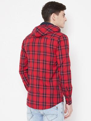red checkered hooded casual shirt - 17171384 - Standard Image - 3