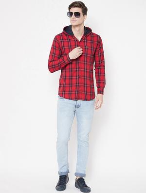 red checkered hooded casual shirt - 17171384 - Standard Image - 4