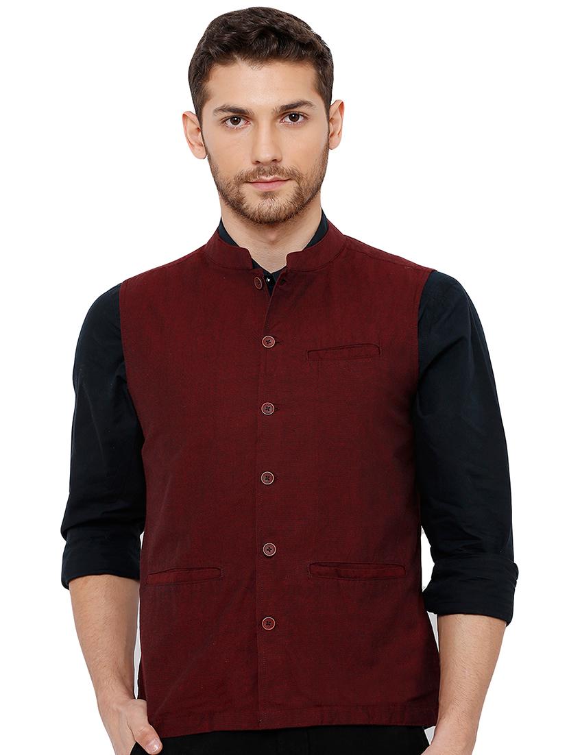maroon solid nehru jacket - 17181659 - Zoom Image - 1