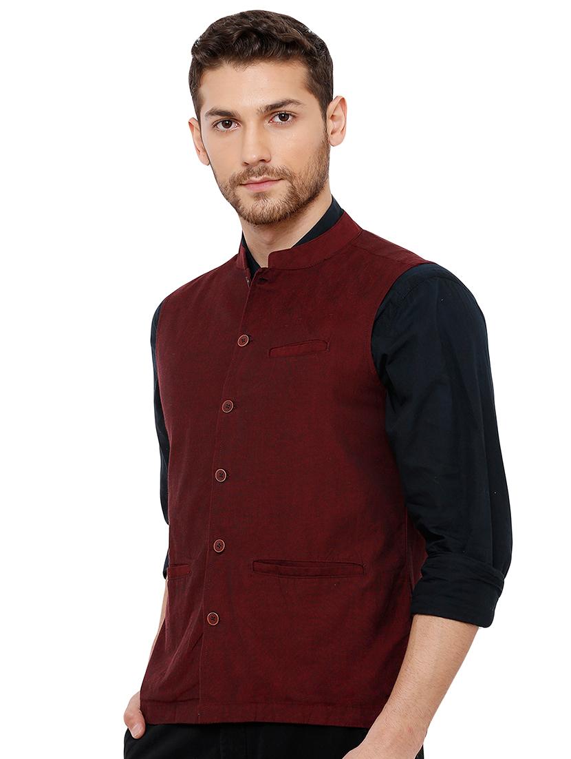 maroon solid nehru jacket - 17181659 - Zoom Image - 2