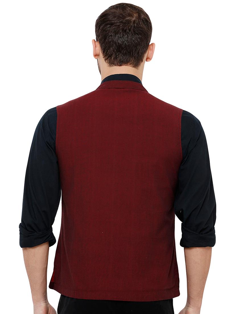 maroon solid nehru jacket - 17181659 - Zoom Image - 3