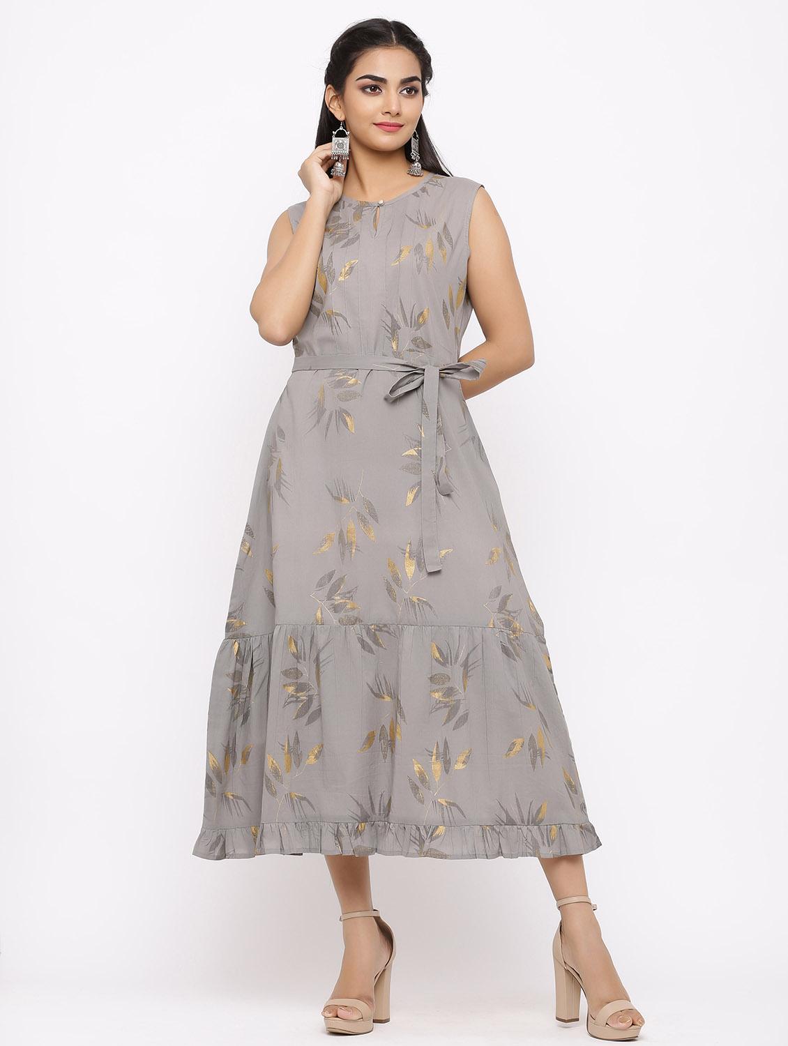 foil print tiered flare ethnic dress - 17181881 - Zoom Image - 1