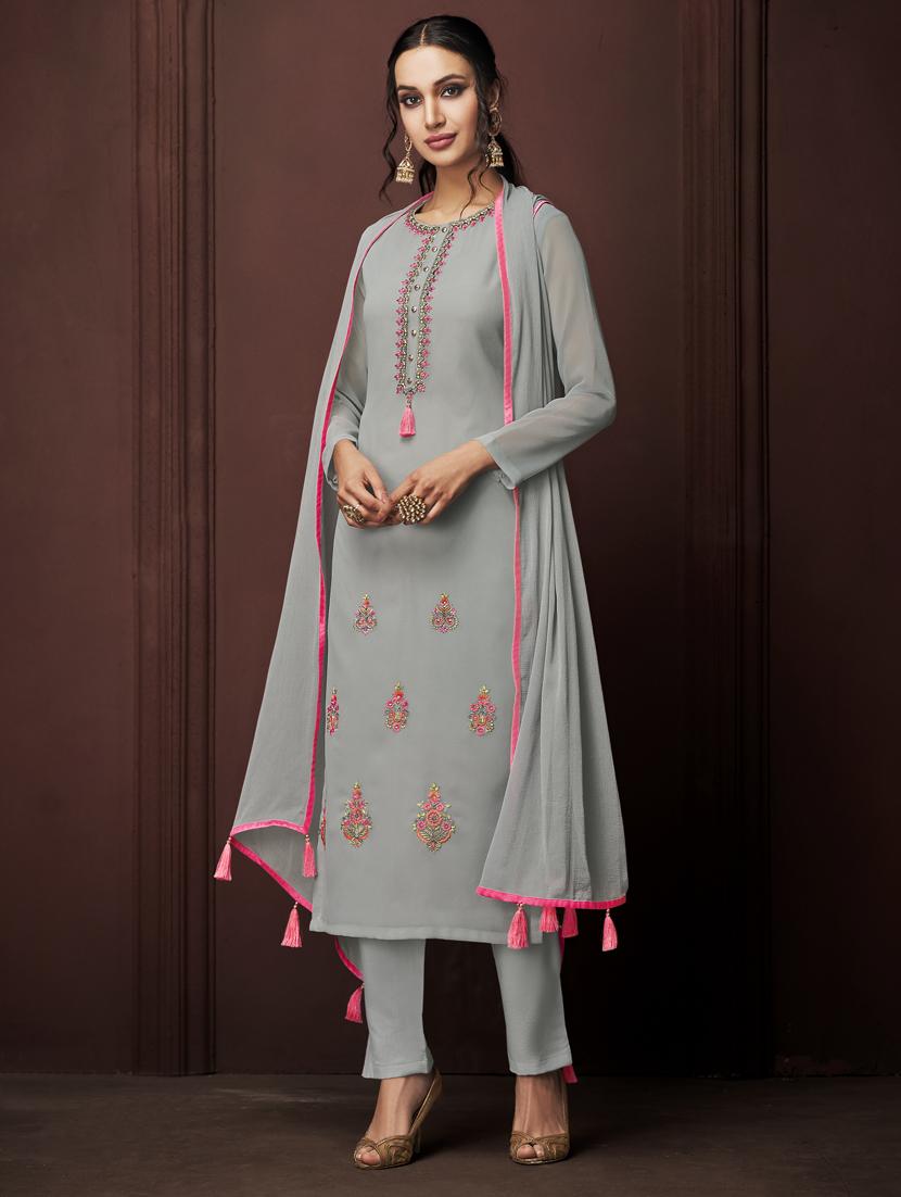 embroidered a-line unstitched suit - 17182009 - Zoom Image - 1