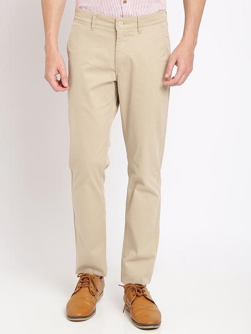 beige solid flat front casual trouser - 17191843 - Standard Image - 1