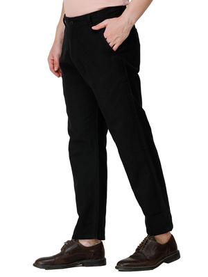 black solid linen flat front casual trouser - 17192065 - Standard Image - 2