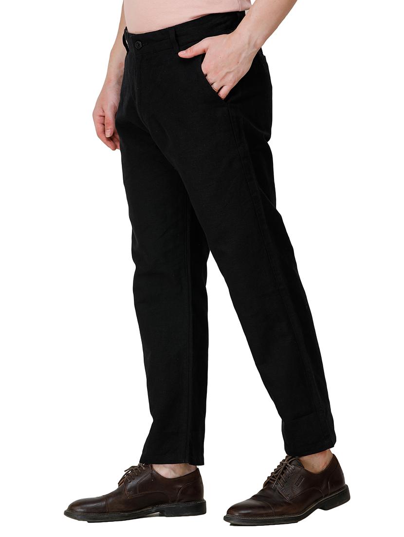 black solid linen flat front casual trouser - 17192065 - Zoom Image - 2