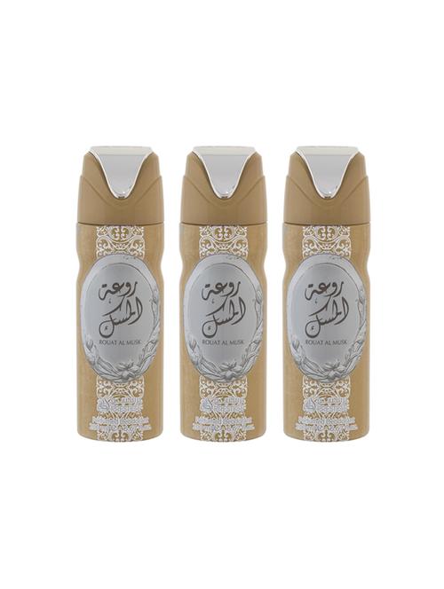 lattafa rouat al musk perfumed bodyspray 200ml deodorant pack of 3 - 17193277 - Standard Image - 1