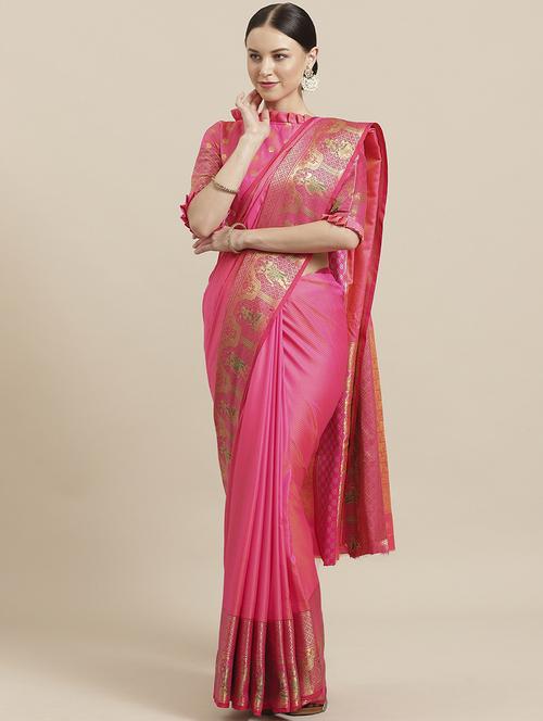 solid bordered woven saree with blouse - 17197699 - Standard Image - 1