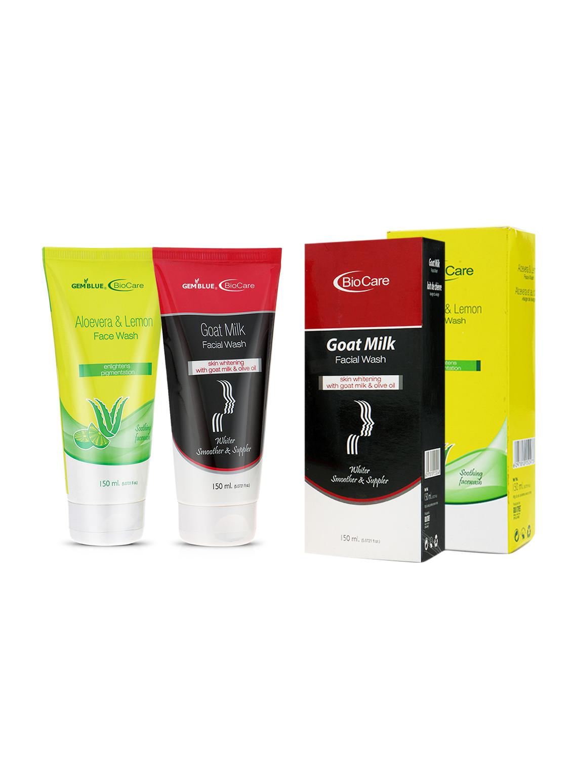gemblue biocare aloevera & lemon face wash, 150ml+gemblue biocare goat milk facial wash, 150ml - 17198656 - Zoom Image - 1