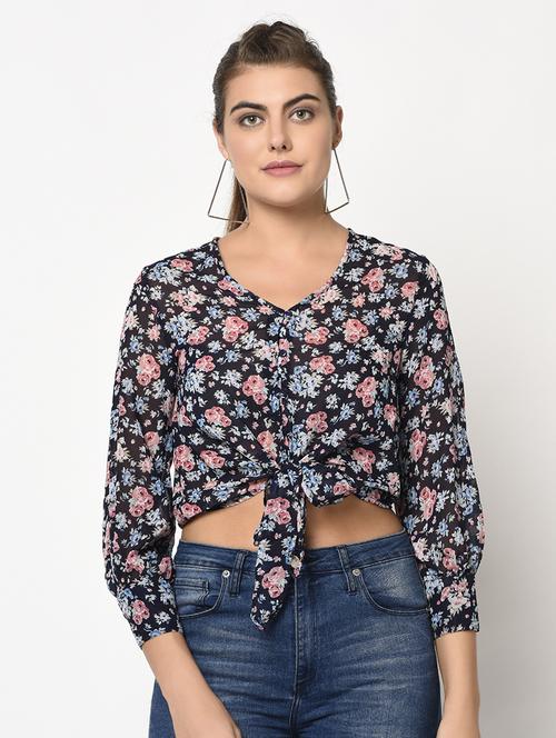 tie front floral top - 17201393 - Standard Image - 1