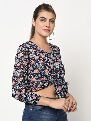 tie front floral top - 17201393 - Standard Image - 2