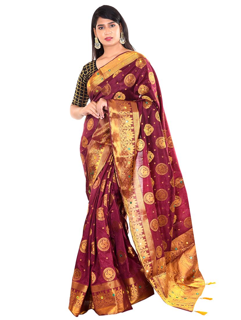 burgundy silk banarasi saree with blouse - 17202773 - Zoom Image - 1
