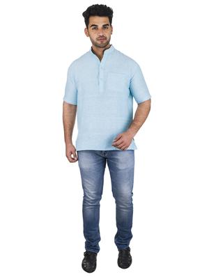 light blue solid khadi cotton short kurta - 17207748 - Standard Image - 4