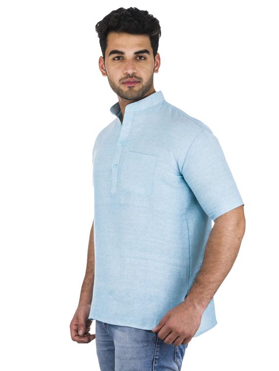 light blue solid khadi cotton short kurta - 17207748 - Zoom Image - 2