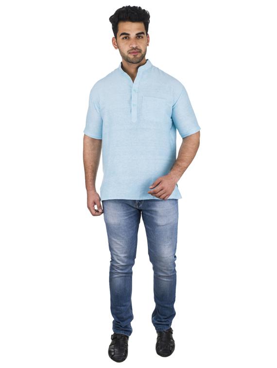 light blue solid khadi cotton short kurta - 17207748 - Zoom Image - 4