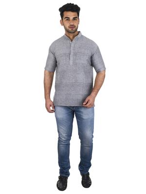 grey solid khadi cotton short kurta - 17207749 - Standard Image - 4