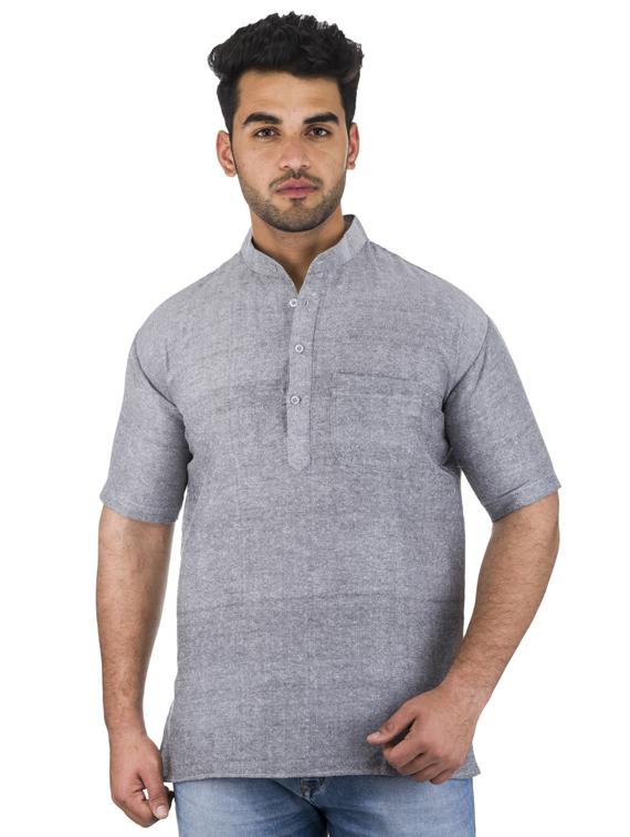 grey solid khadi cotton short kurta - 17207749 - Zoom Image - 1