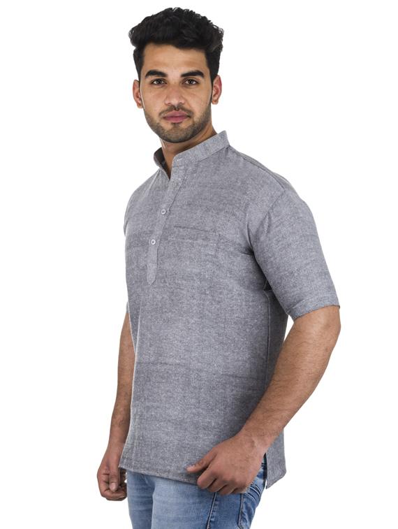 grey solid khadi cotton short kurta - 17207749 - Zoom Image - 2